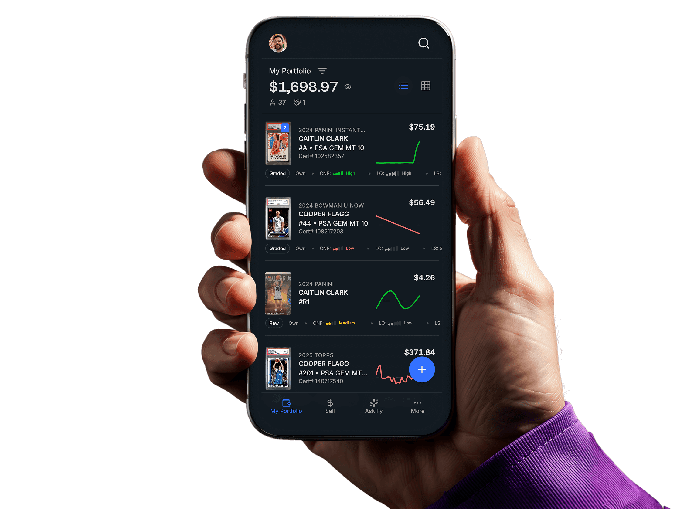 Slabfy mobile app showing sports card portfolio with real-time market values