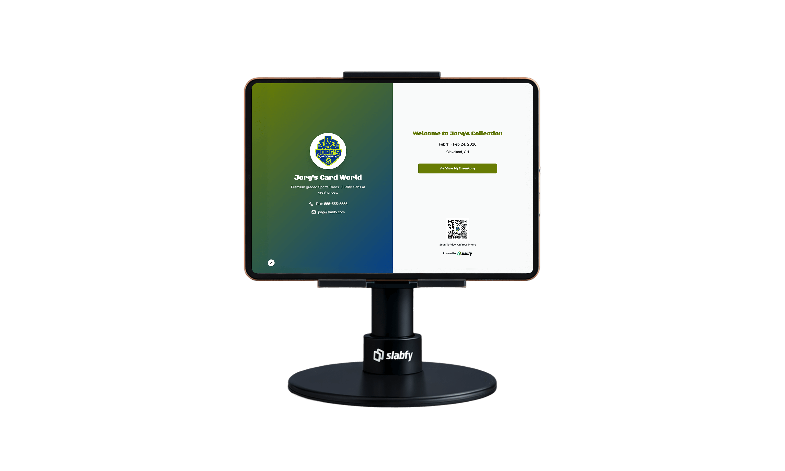 Slabfy QR-code storefront on tablet — customers browse and buy sports cards at your table